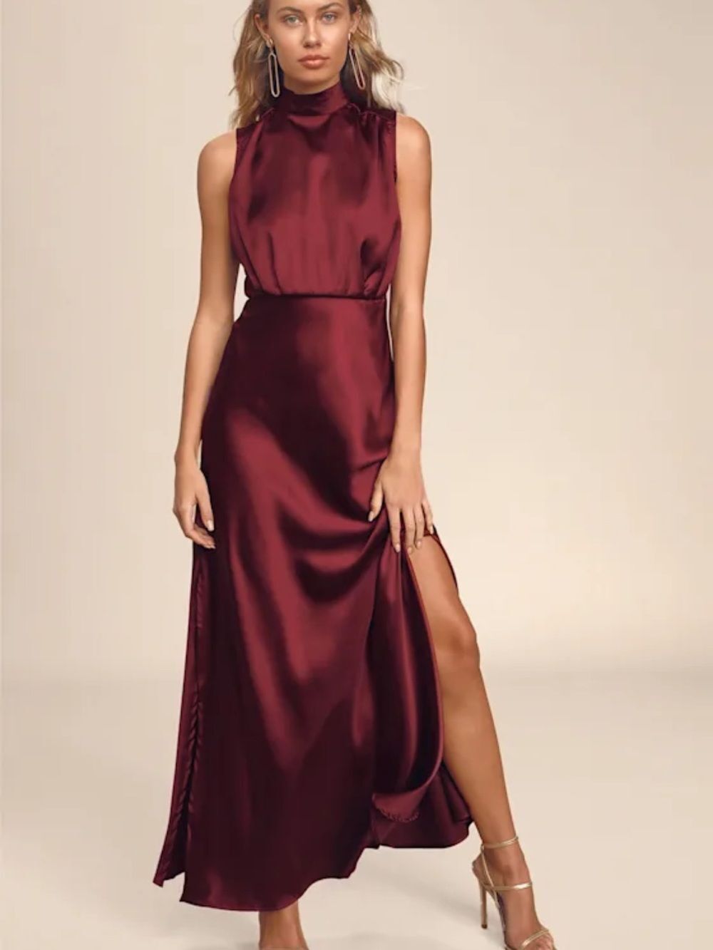 Classic Elegance Wine Satin Maxi Dress Lulus XS Fall Wedding Guest Dress NWT